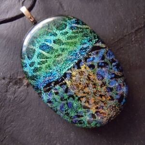 Extra Large Handmade Multiple Layer Fused Dichroic Glass Pendant Blue Green